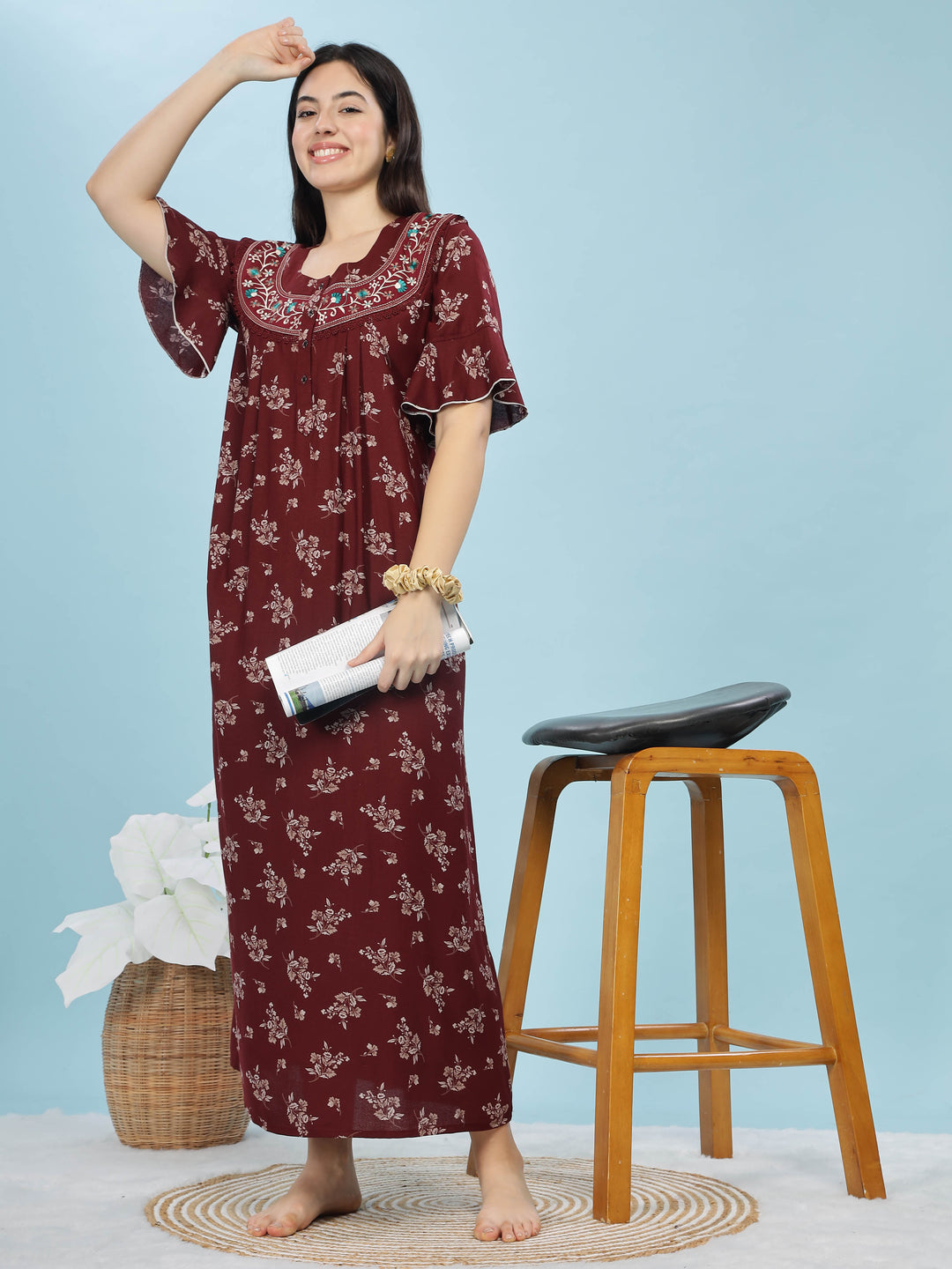 Alpine Maroon Designer Nighty Floral Print & Embroidered Neckline