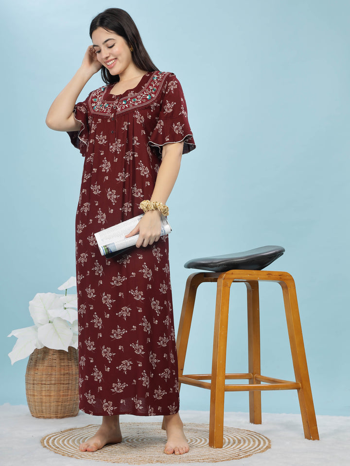 Alpine Maroon Designer Nighty Floral Print & Embroidered Neckline