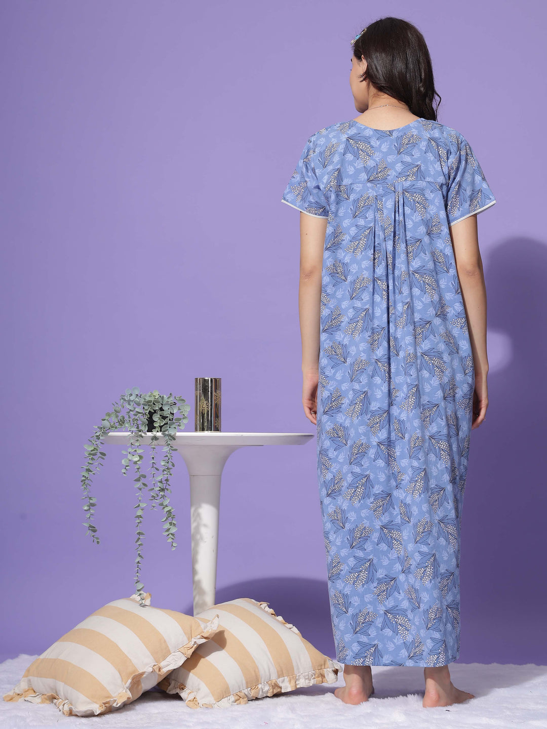  Crush Cotton Nighty  Floral Blue Nightdress - Timeless Sophistication- 9shines label 