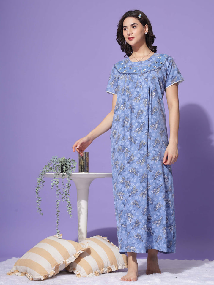  Crush Cotton Nighty  Floral Blue Nightdress - Timeless Sophistication- 9shines label 