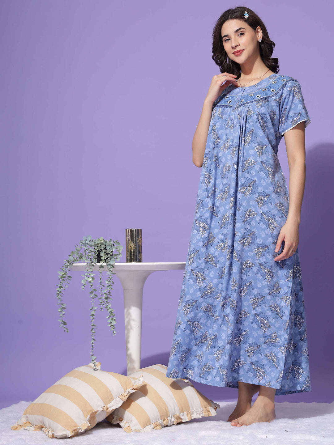  Crush Cotton Nighty  Floral Blue Nightdress - Timeless Sophistication- 9shines label 