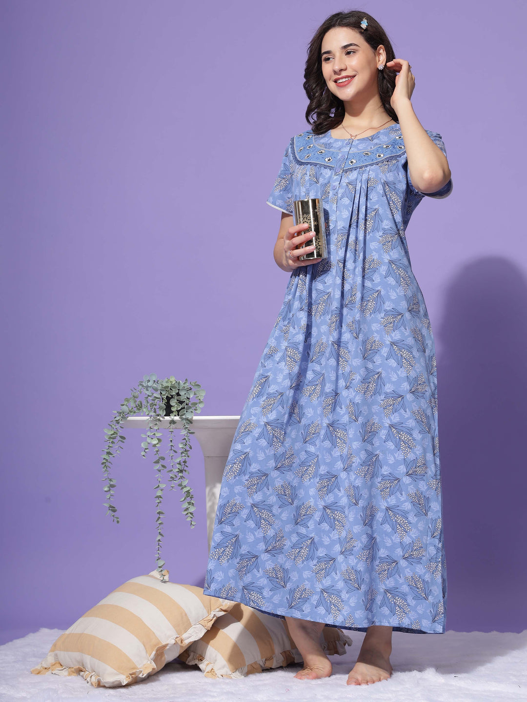  Crush Cotton Nighty  Floral Blue Nightdress - Timeless Sophistication- 9shines label 