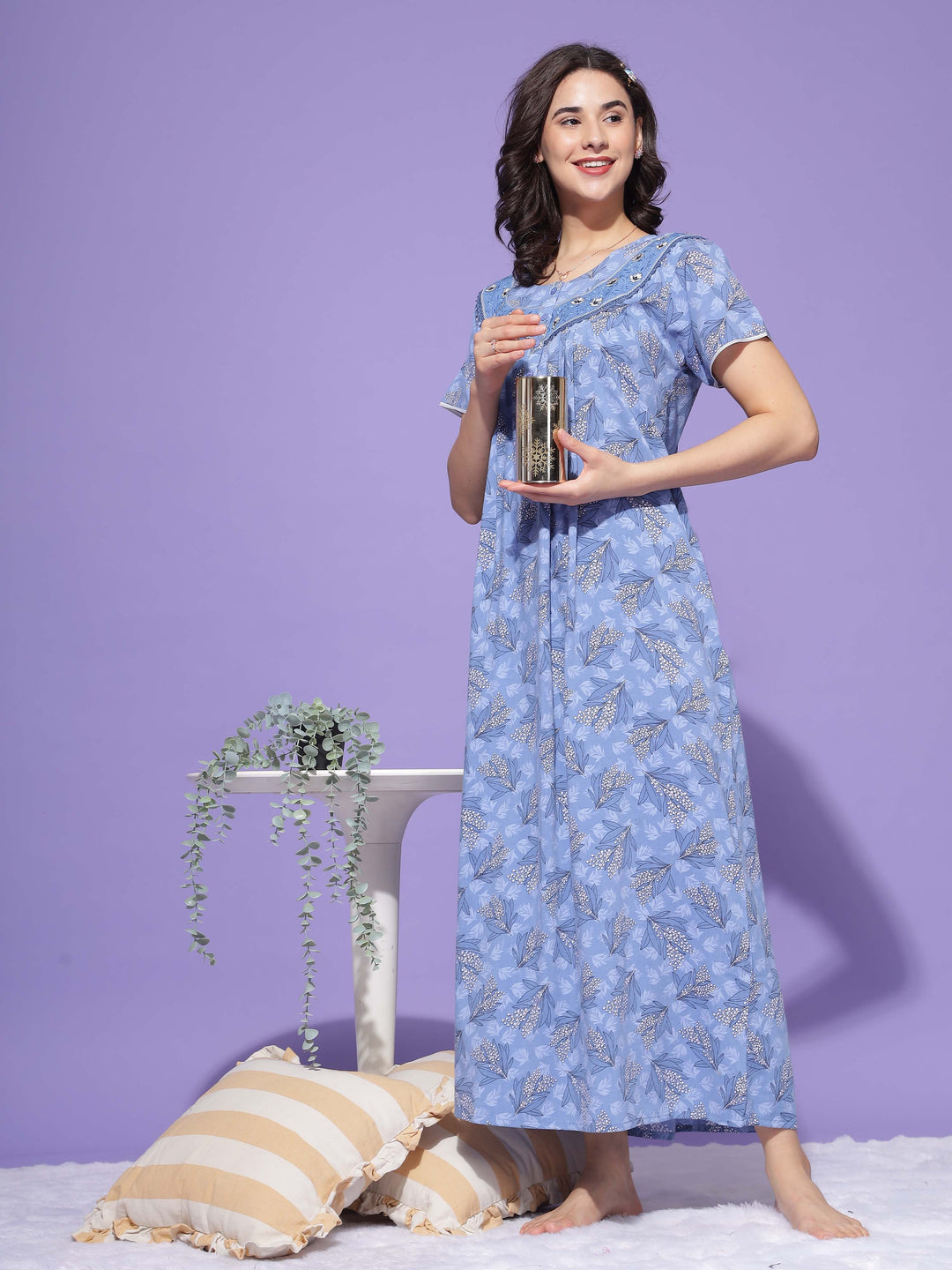  Crush Cotton Nighty  Floral Blue Nightdress - Timeless Sophistication- 9shines label 