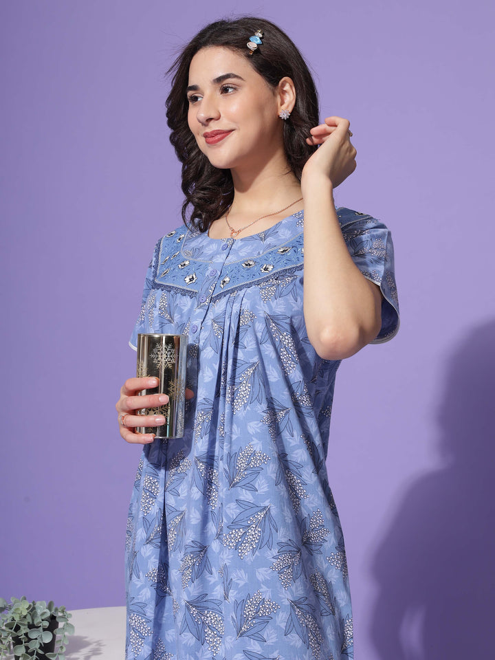  Crush Cotton Nighty  Floral Blue Nightdress - Timeless Sophistication- 9shines label 