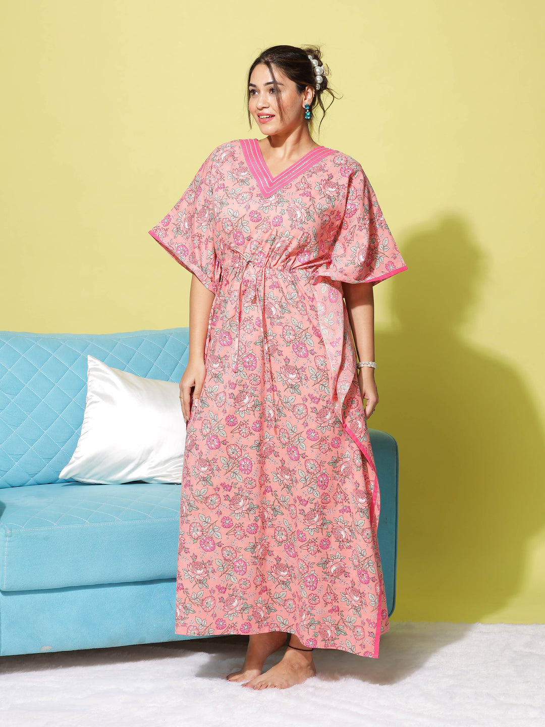  Kaftan  Shop Our Pink Floral Designer V Neck Kaftan Dress - 9shines label 