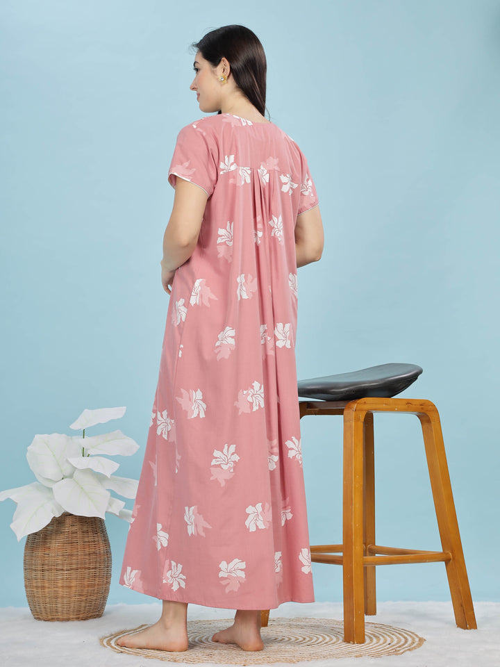 Peach Floral Designer Nighty - Stylish & Soft Sleepwear