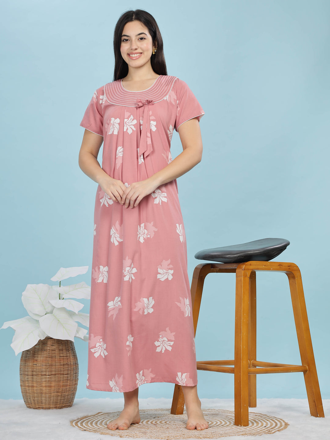 Peach Floral Designer Nighty - Stylish & Soft Sleepwear