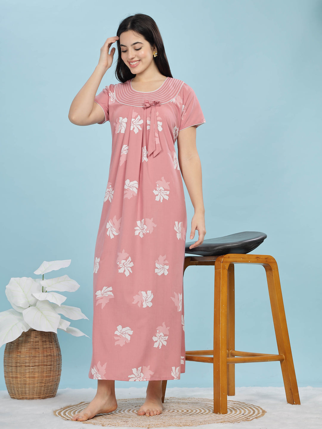 Peach Floral Designer Nighty - Stylish & Soft Sleepwear