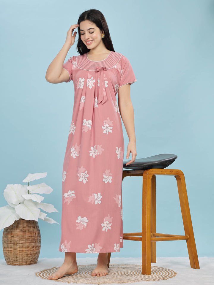 Peach Floral Designer Nighty - Stylish & Soft Sleepwear