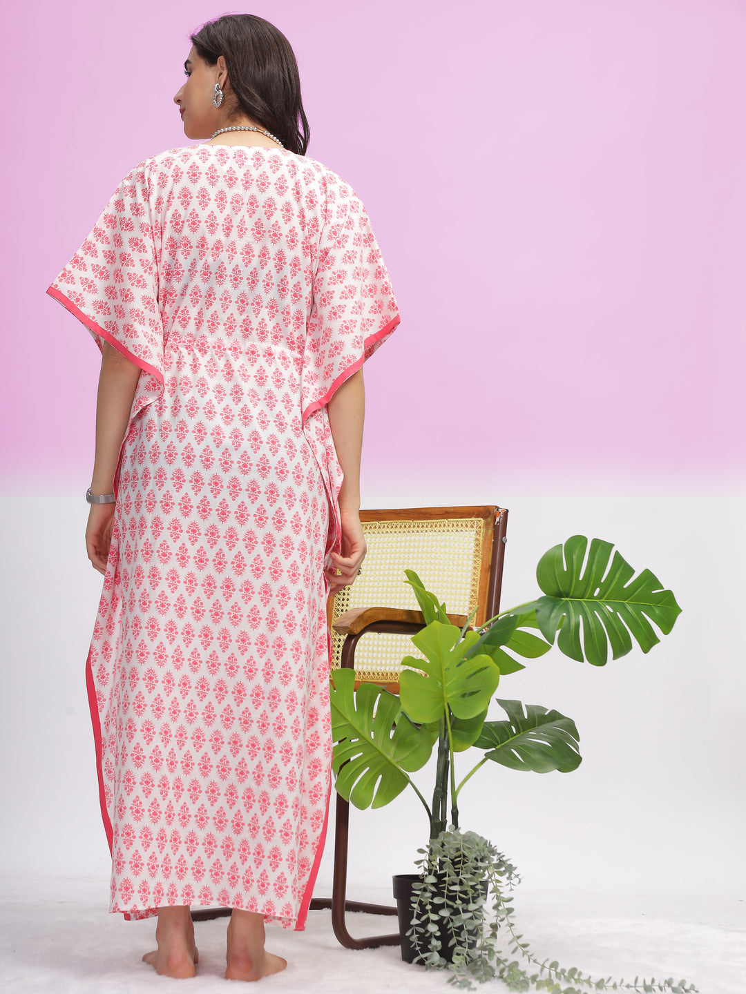 Premium V Neck Cotton Kaftan Pink