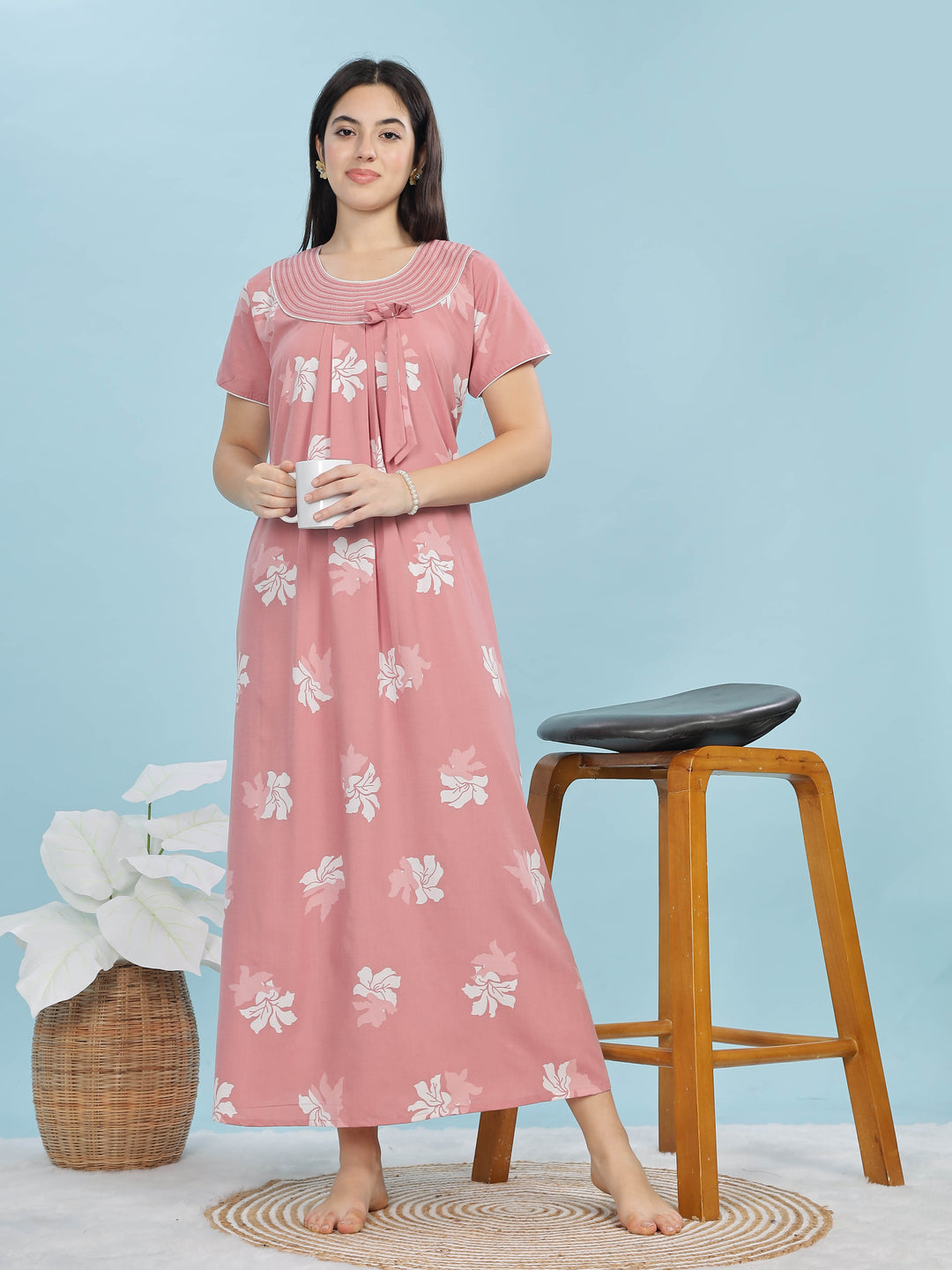 Peach Floral Designer Nighty - Stylish & Soft Sleepwear