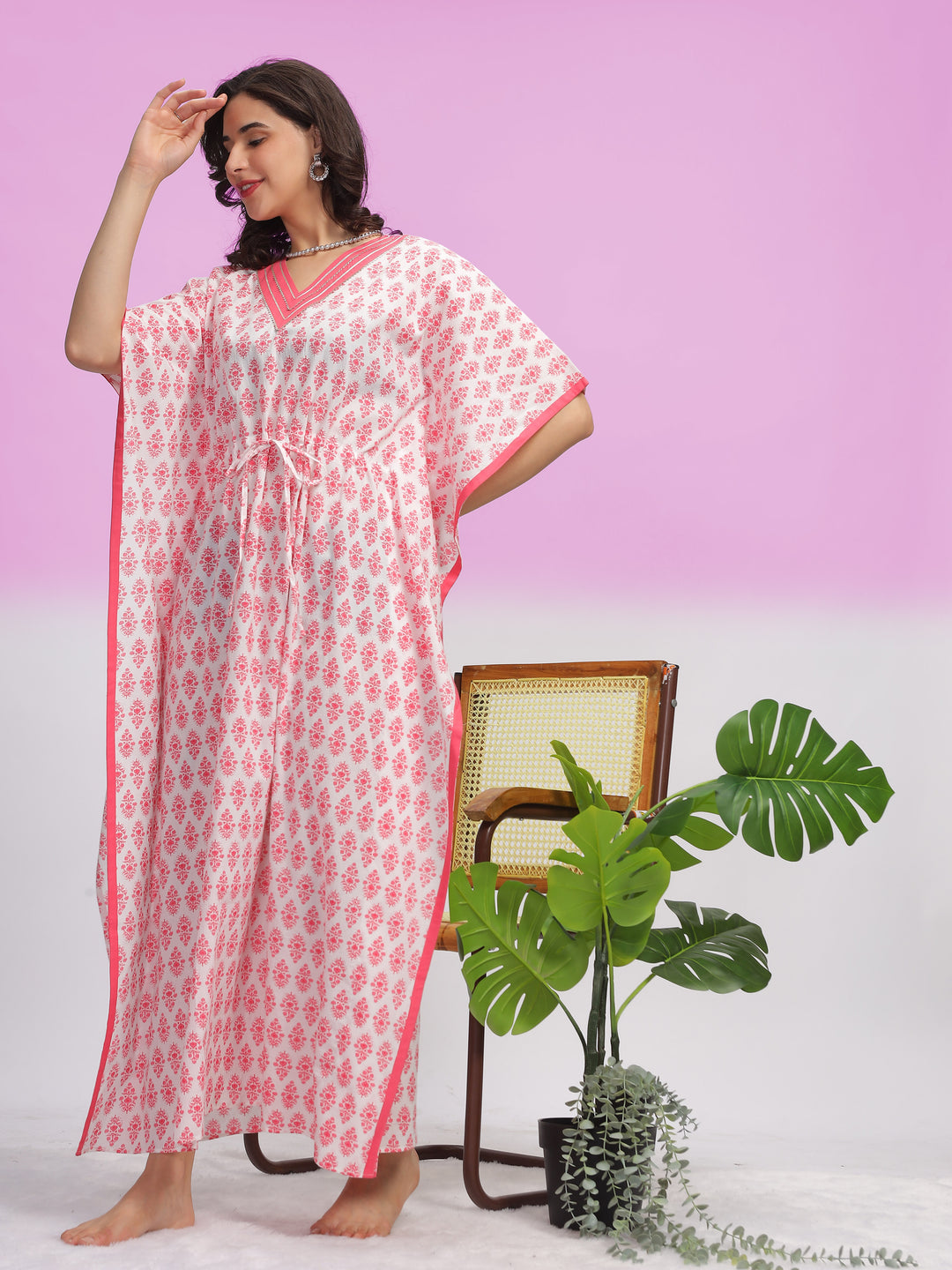 Premium V Neck Cotton Kaftan Pink