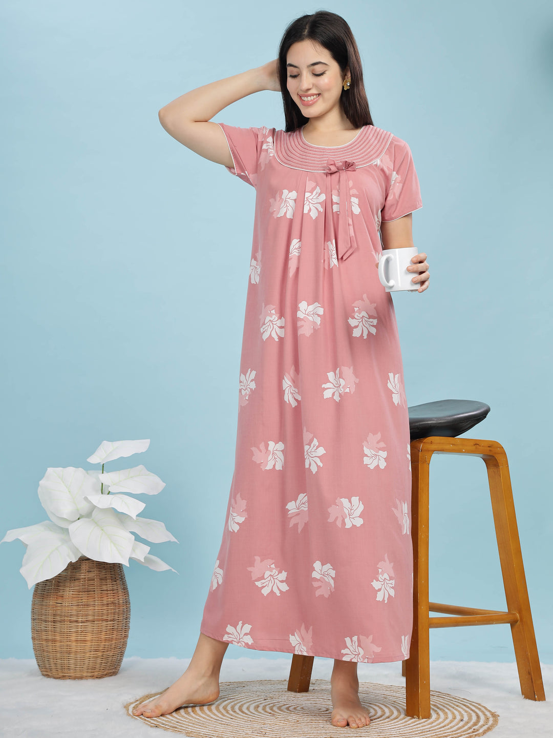 Peach Floral Designer Nighty - Stylish & Soft Sleepwear