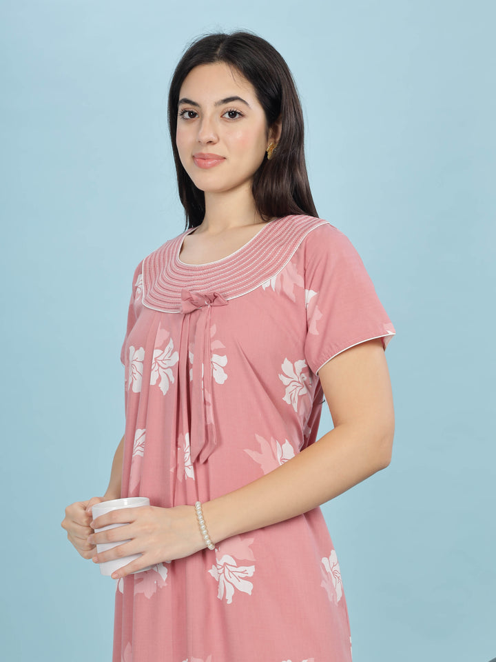 Peach Floral Designer Nighty - Stylish & Soft Sleepwear