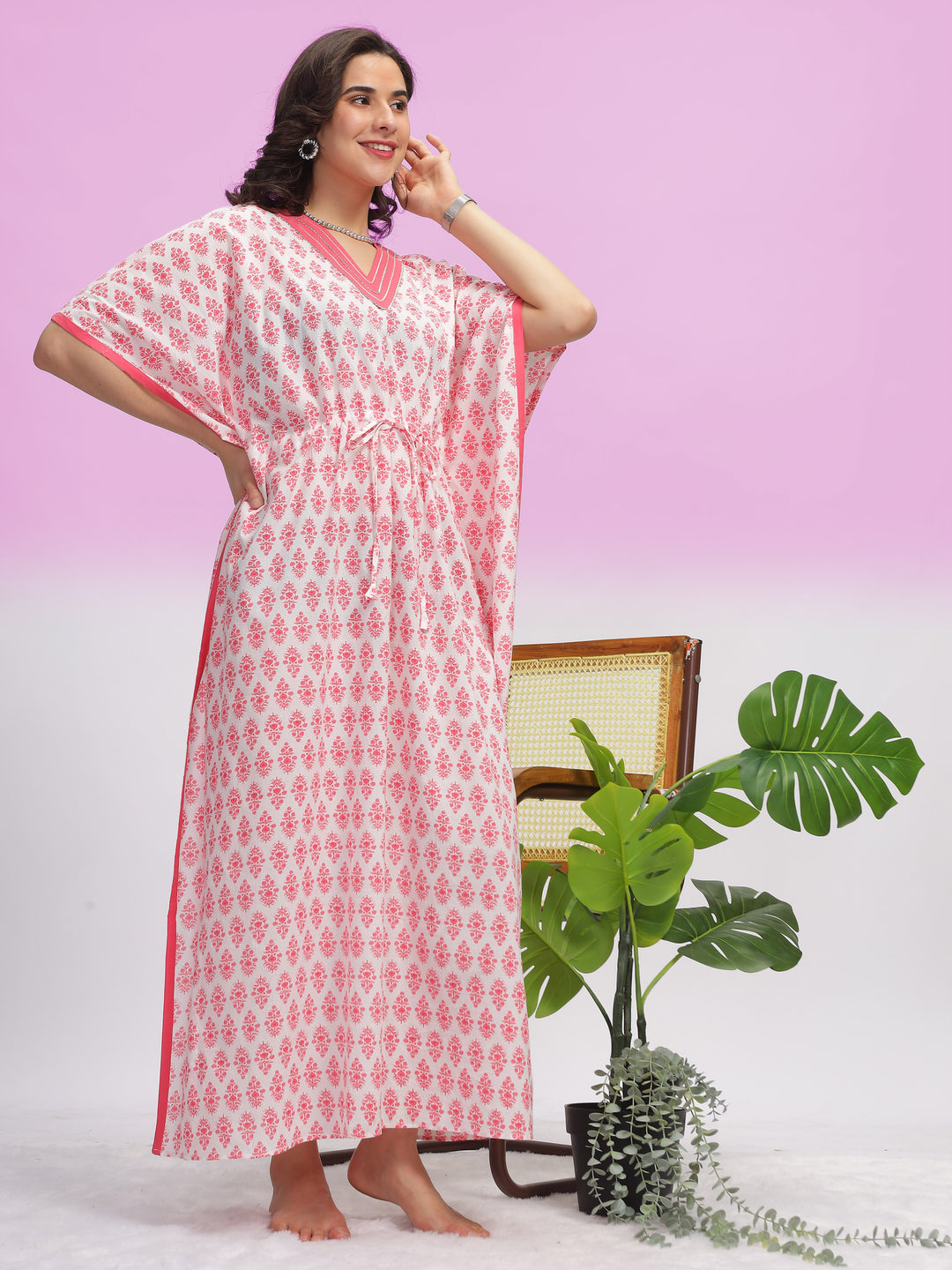 Premium V Neck Cotton Kaftan Pink