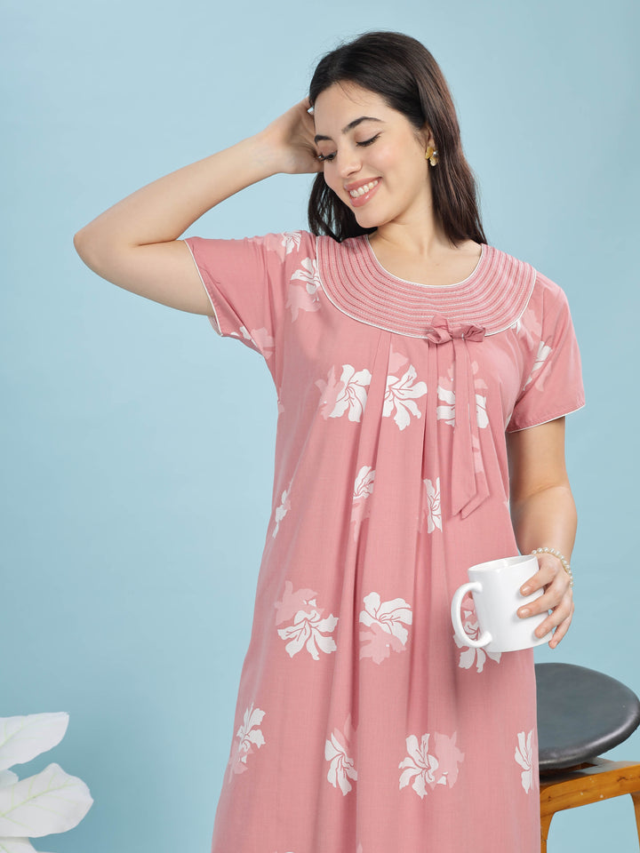 Peach Floral Designer Nighty - Stylish & Soft Sleepwear