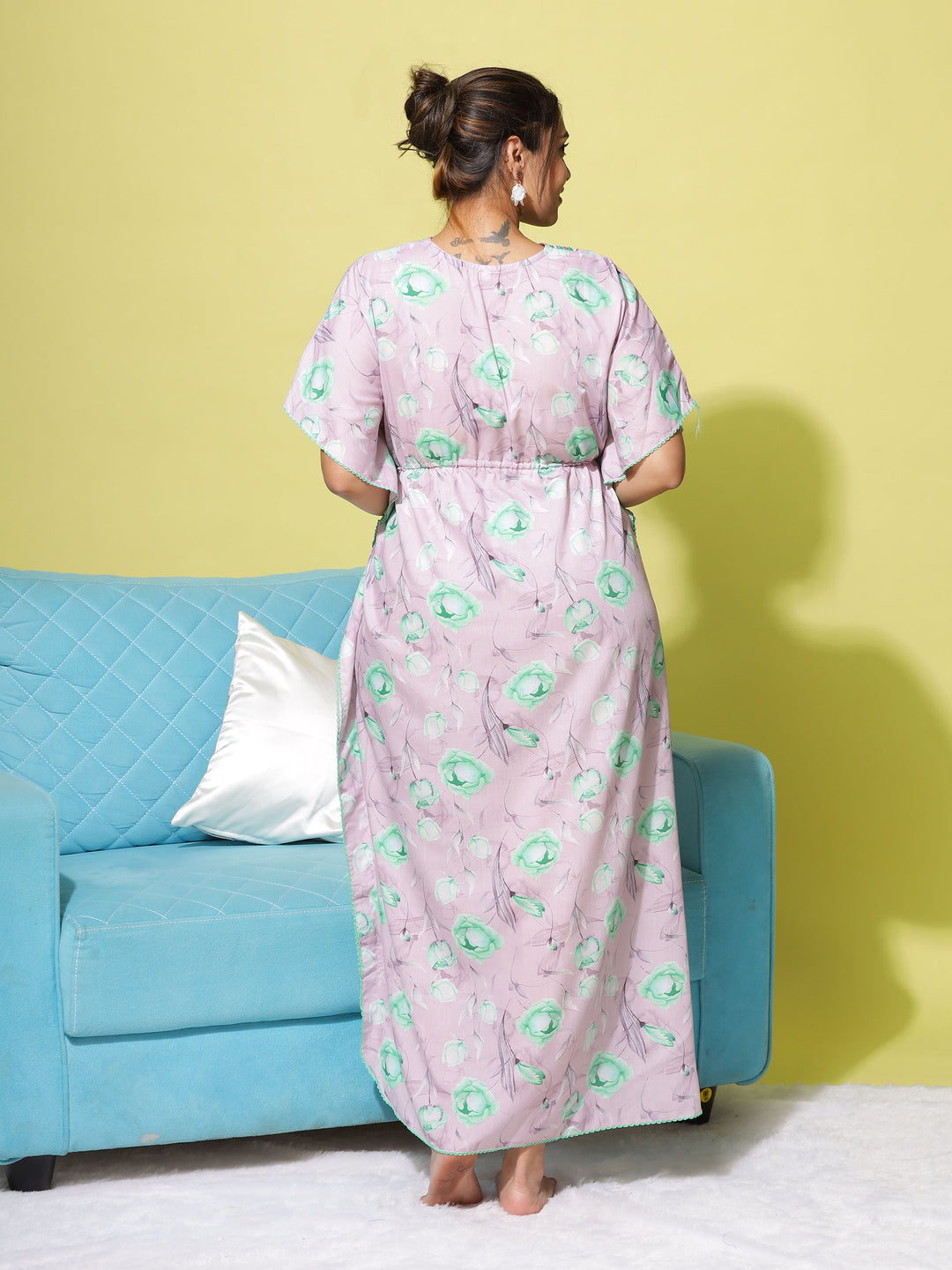 Pink Green Poly Viscose Kaftan: Effortless Elegance in Vibrant Shades