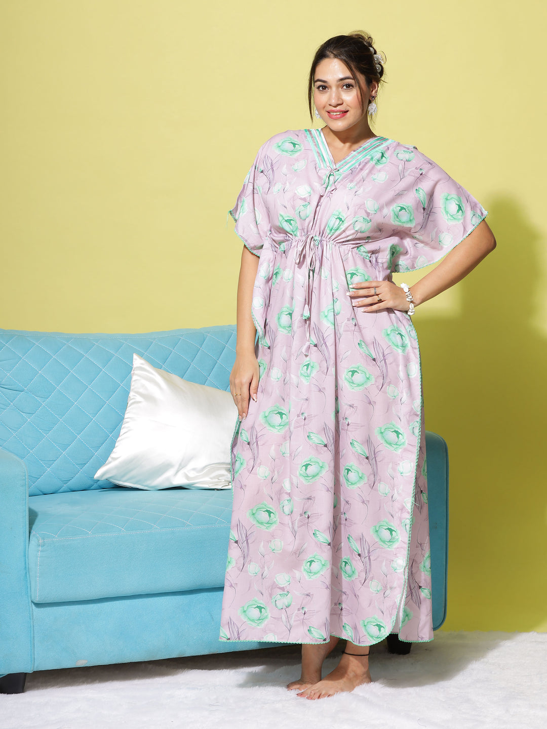 Pink Green Poly Viscose Kaftan: Effortless Elegance in Vibrant Shades