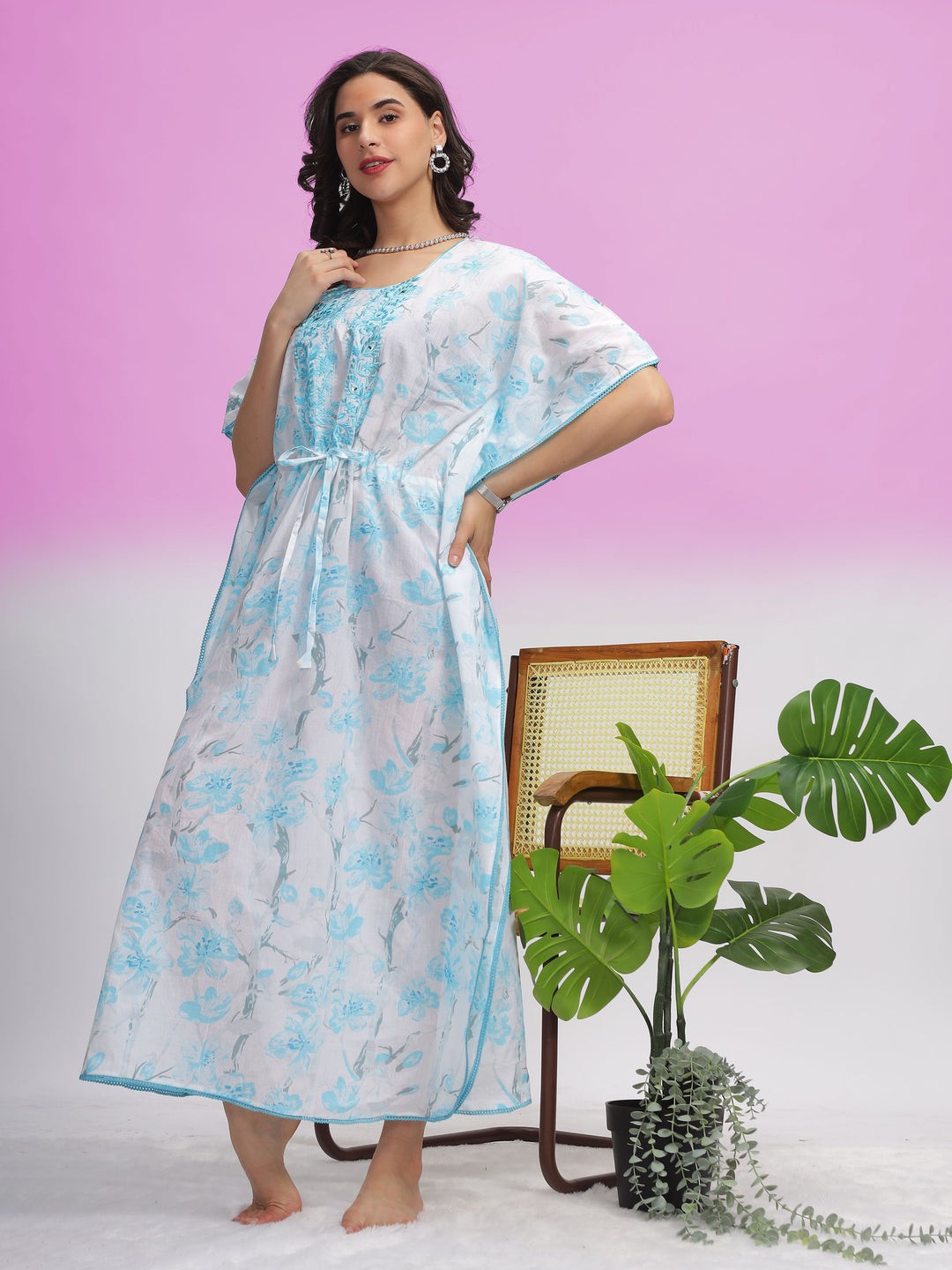 White Cotton Sea Blue Floral Kaftan Dress