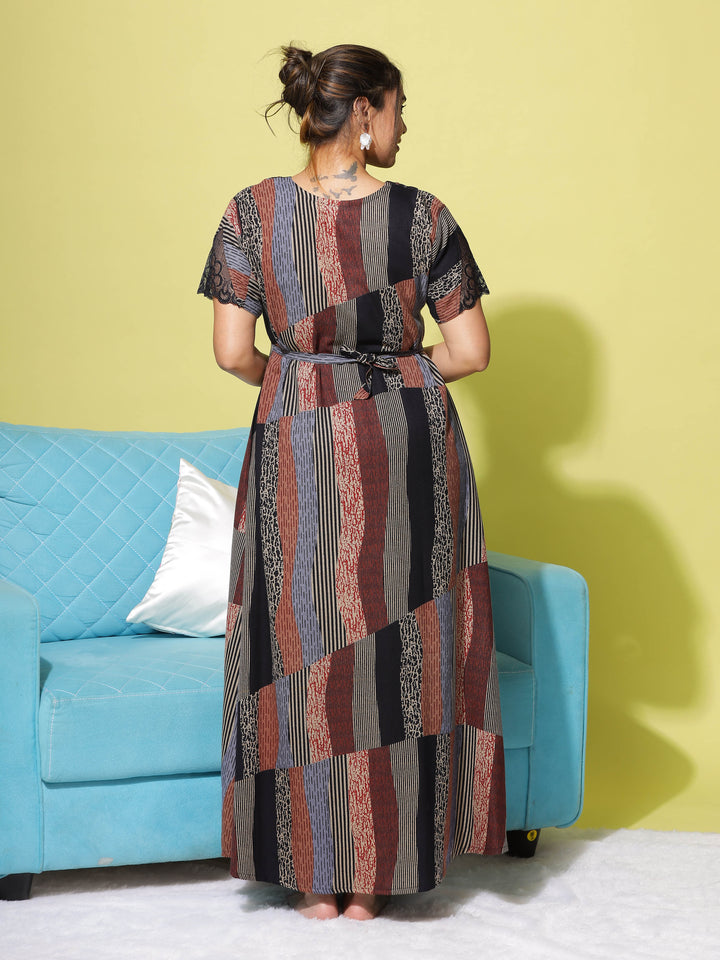  Alpine Nighty  Luxe Brown Night Dress: Alpine Contrast Umbrella Maxi Gown- 9shines label 