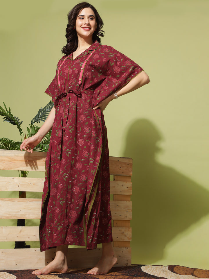  Maternity Kaftan  Nursing in Style: Maroon Floral Maternity Dress with Collar- 9shines label 