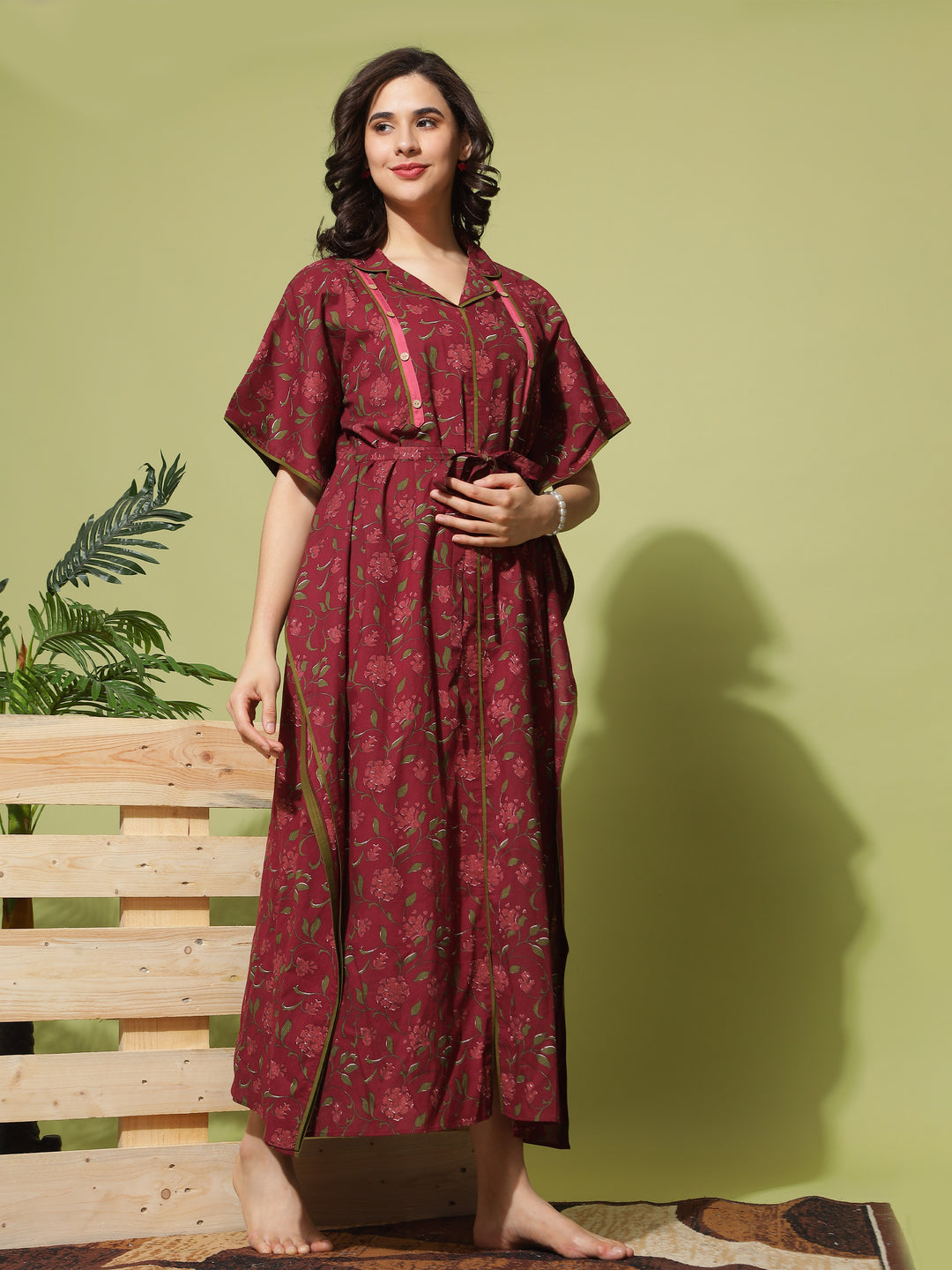  Maternity Kaftan  Nursing in Style: Maroon Floral Maternity Dress with Collar- 9shines label 