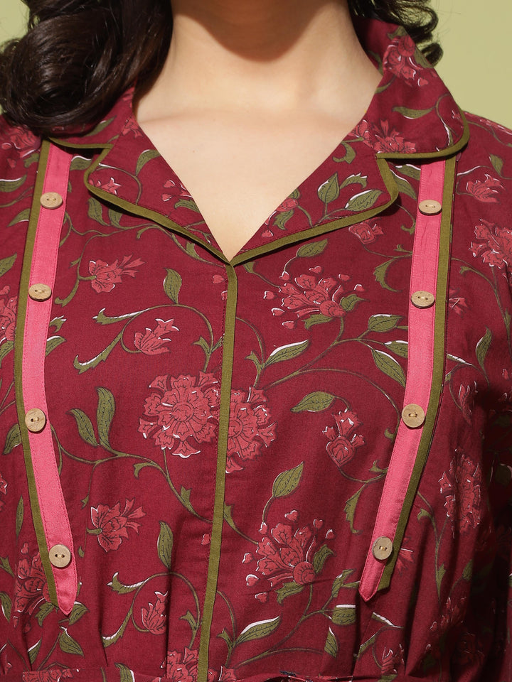  Maternity Kaftan  Nursing in Style: Maroon Floral Maternity Dress with Collar- 9shines label 