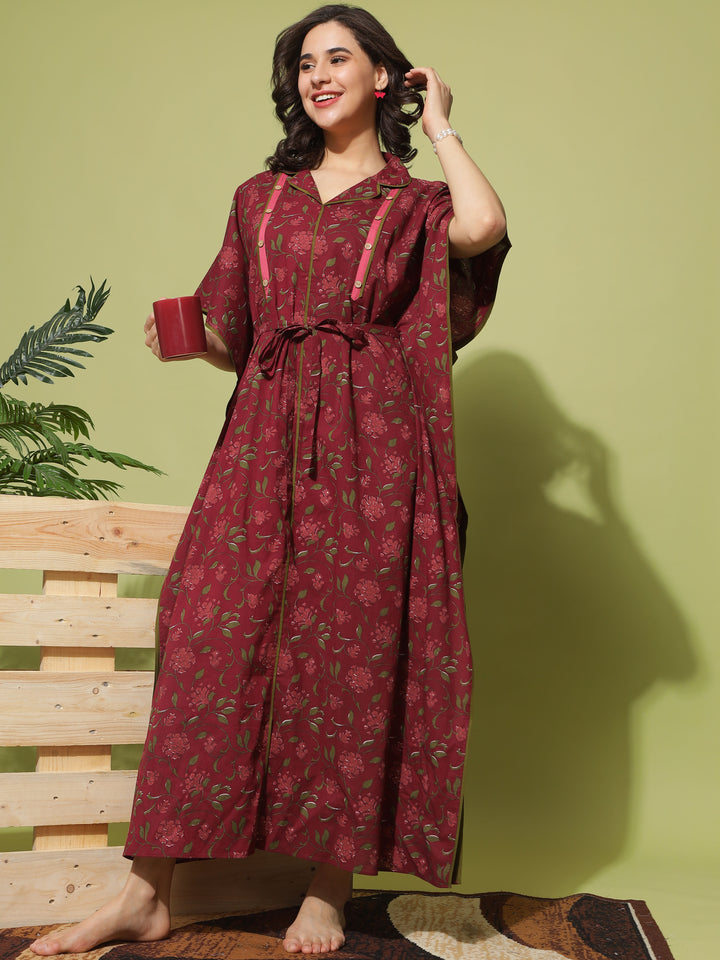  Maternity Kaftan  Nursing in Style: Maroon Floral Maternity Dress with Collar- 9shines label 