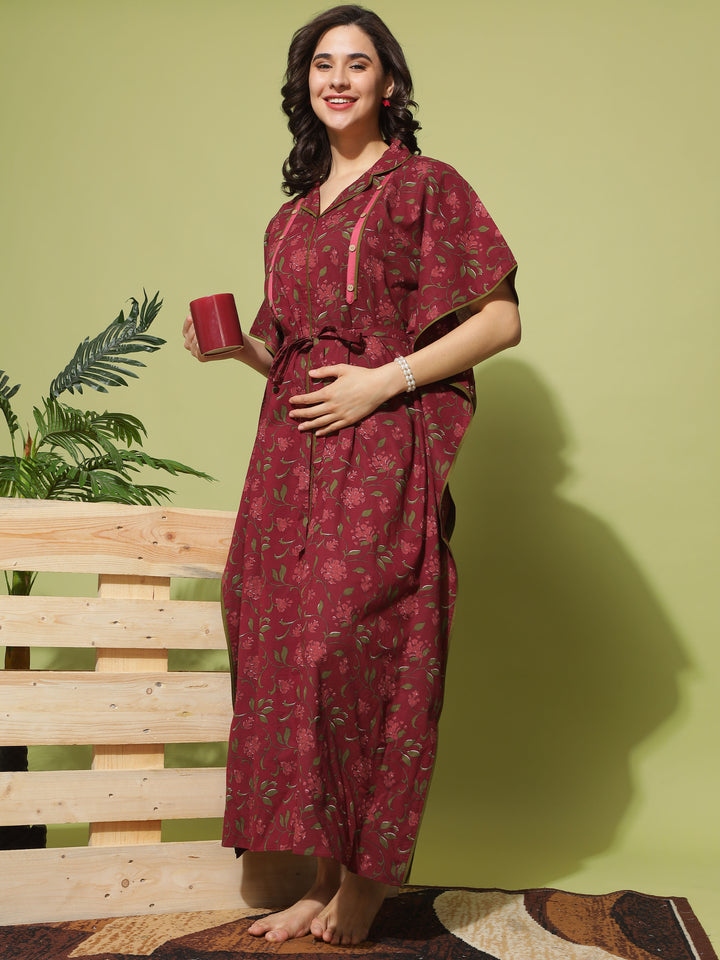  Maternity Kaftan  Nursing in Style: Maroon Floral Maternity Dress with Collar- 9shines label 