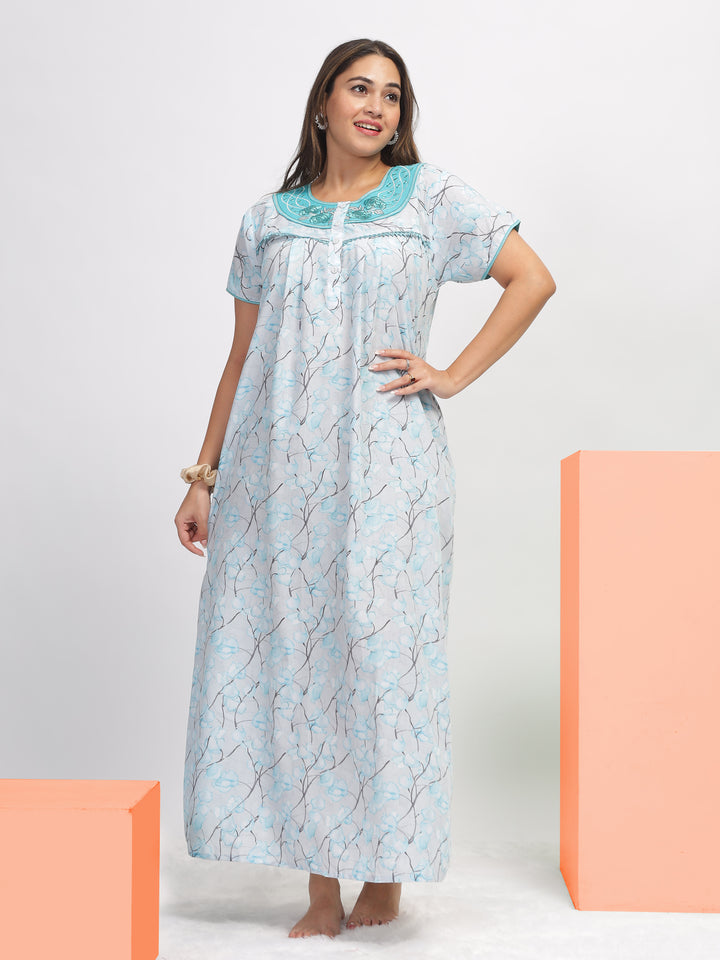  Digital Poly Viscose Nighty  Blue Embroidered Nighty: Elegance in Every Stitch- 9shines label 