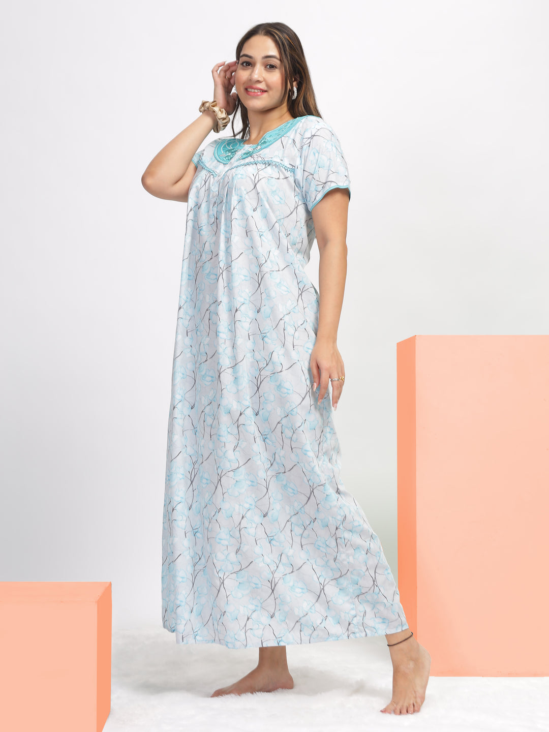  Digital Poly Viscose Nighty  Blue Embroidered Nighty: Elegance in Every Stitch- 9shines label 