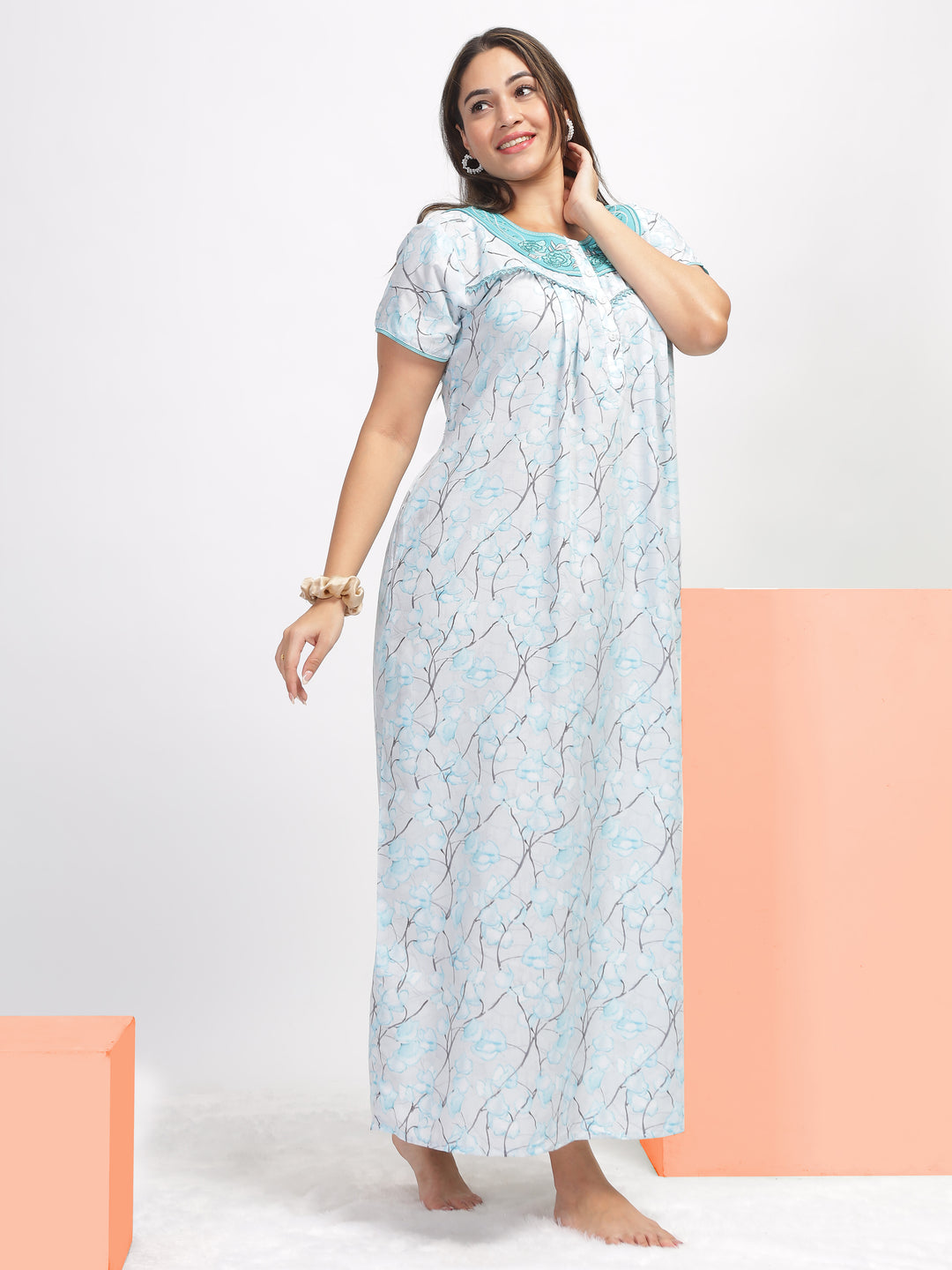  Digital Poly Viscose Nighty  Blue Embroidered Nighty: Elegance in Every Stitch- 9shines label 