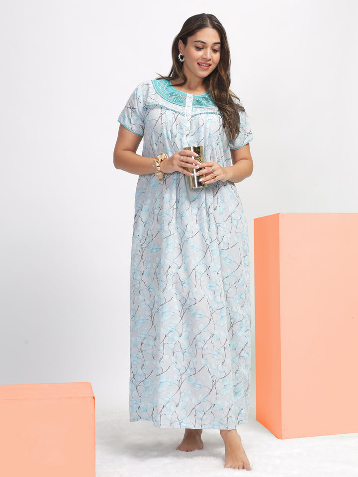  Digital Poly Viscose Nighty  Blue Embroidered Nighty: Elegance in Every Stitch- 9shines label 