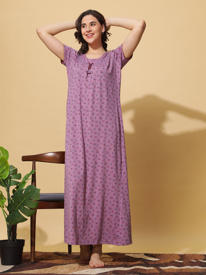 Trendy Purple Cotton Blend Designer Maxi Nighty