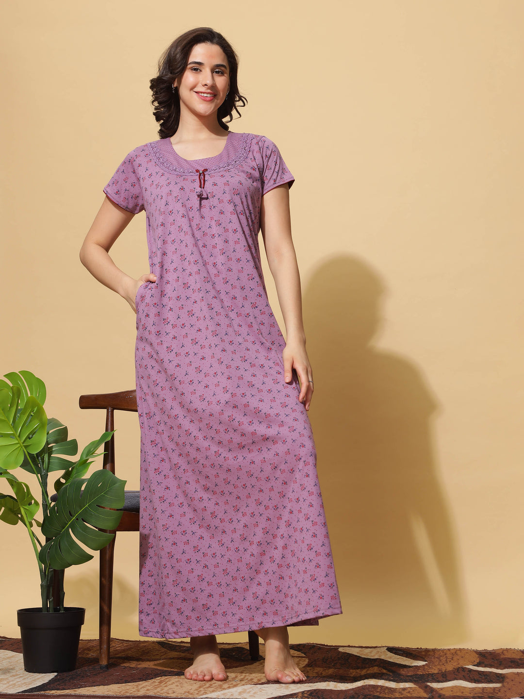 Trendy Purple Cotton Blend Designer Maxi Nighty