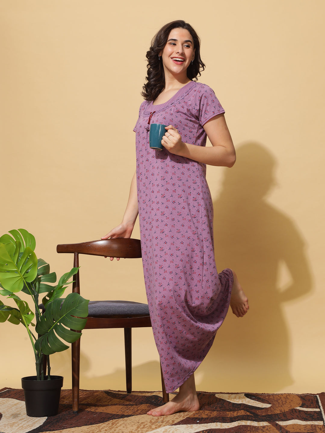 Trendy Purple Cotton Blend Designer Maxi Nighty