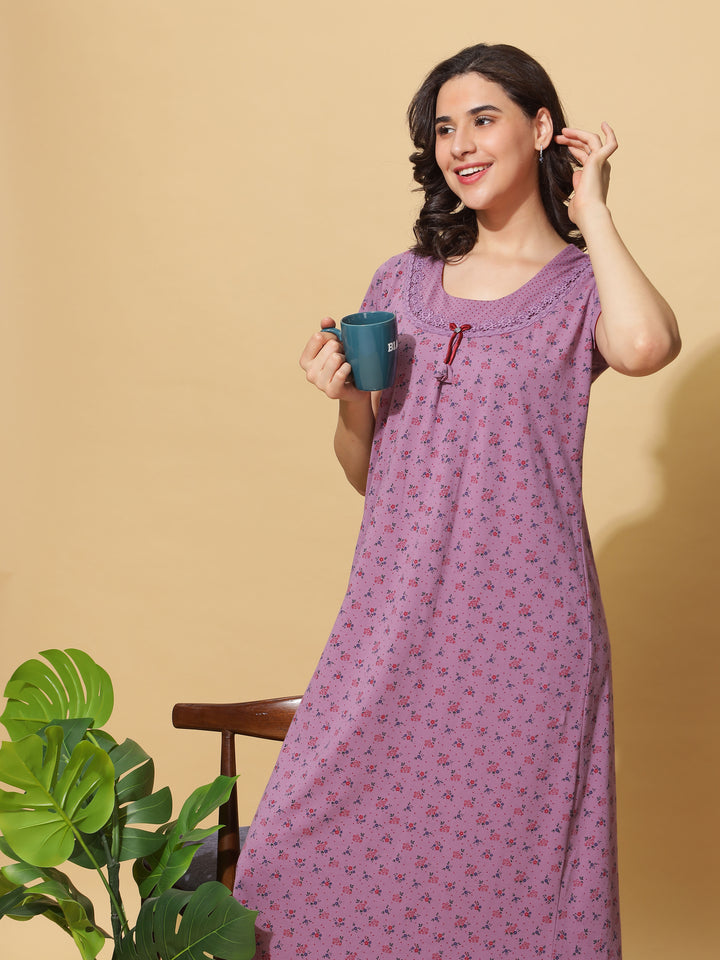 Trendy Purple Cotton Blend Designer Maxi Nighty