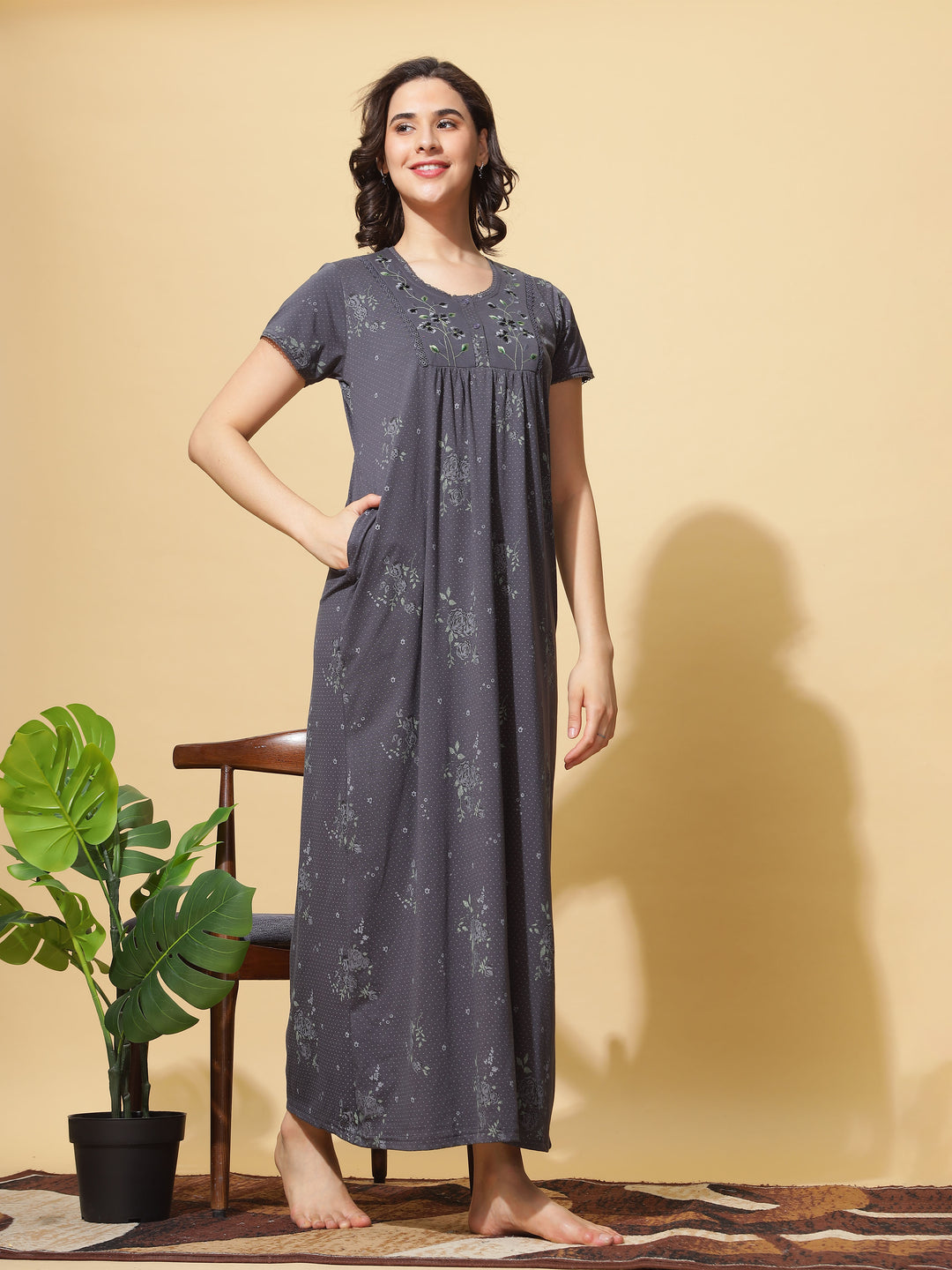  Cotton Blend Nighty  Cotton Blend Designer Maxi Grey Nighty- 9shines label 