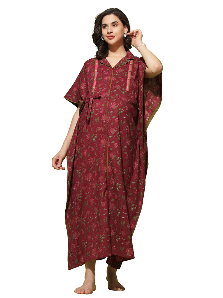  Maternity Kaftan  Nursing in Style: Maroon Floral Maternity Dress with Collar- 9shines label 