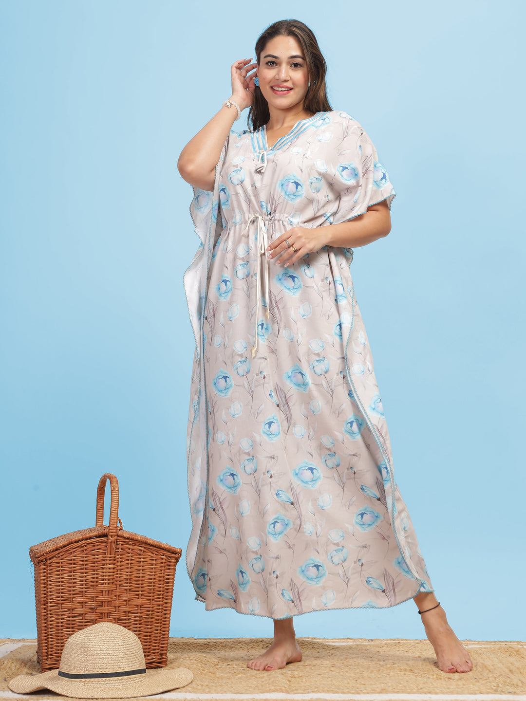  Poly Viscose Kaftan  Beige Blue Kaftan: Chic and Comfortable Loungewear Discover Now- 9shines label 