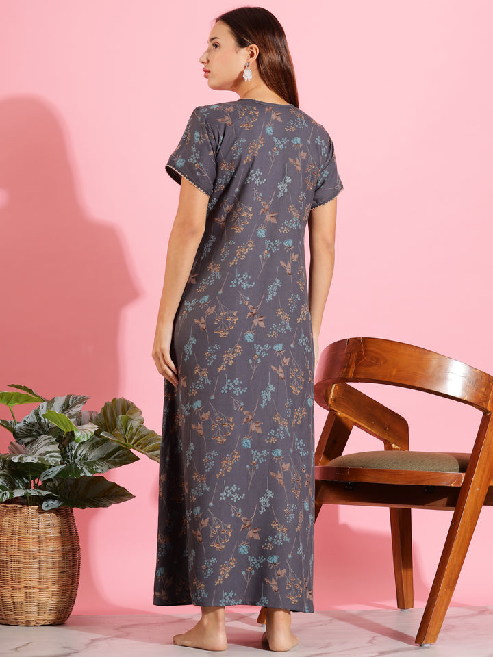 Dark Grey Maxi Nighty for Women with smoky floral print