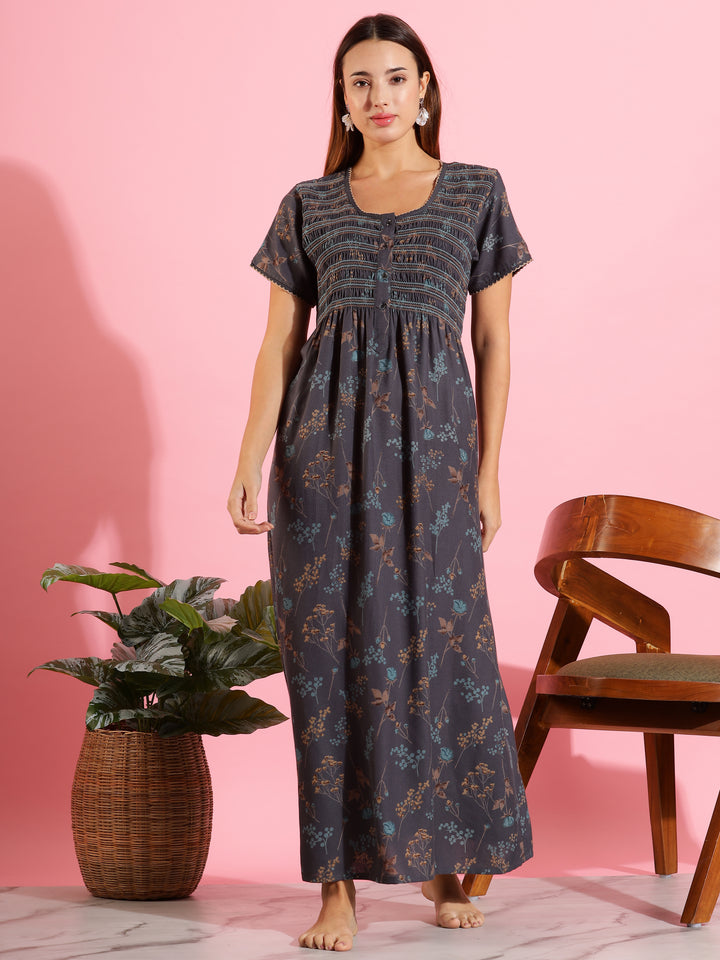 Dark Grey Maxi Nighty for Women with smoky floral print