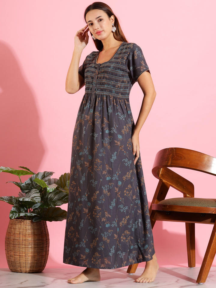 Dark Grey Maxi Nighty for Women with smoky floral print