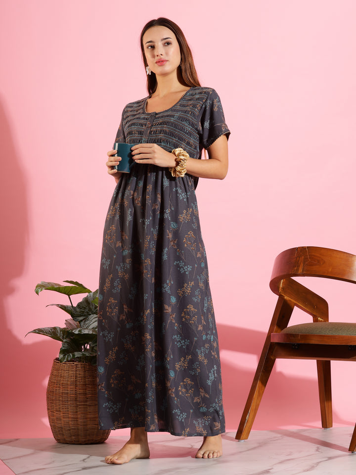 Dark Grey Maxi Nighty for Women with smoky floral print