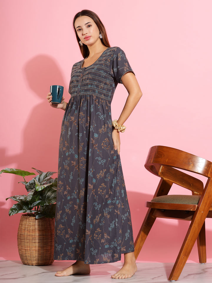 Dark Grey Maxi Nighty for Women with smoky floral print