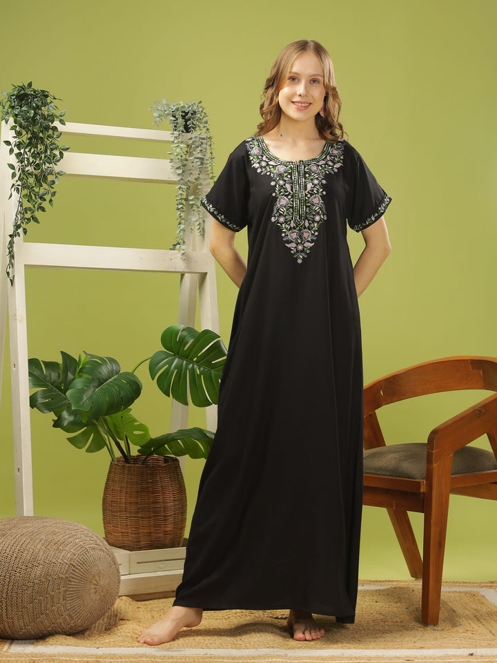 Luxurious Black Alpine Nighty with Fancy Embroidery