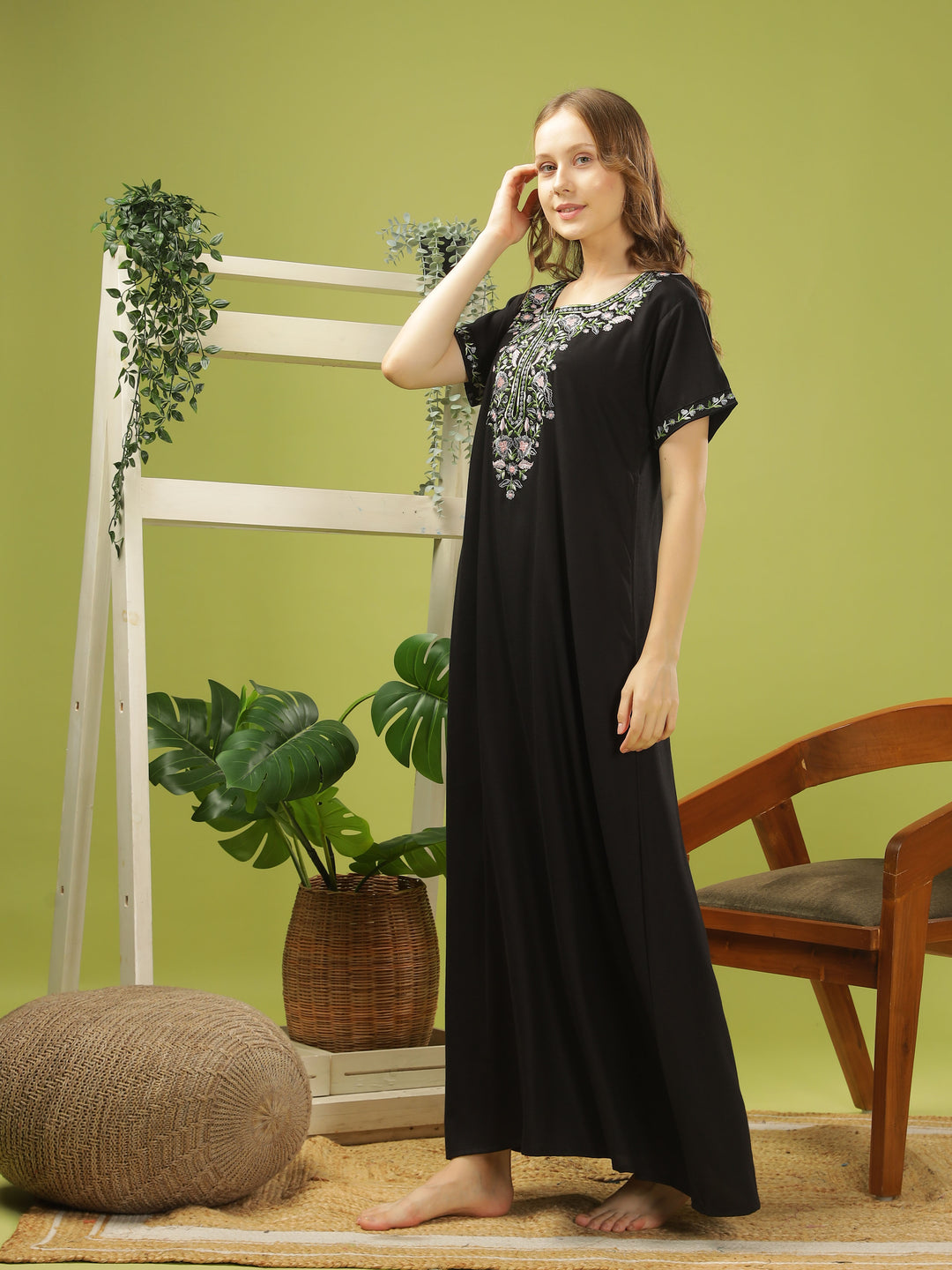 Luxurious Black Alpine Nighty with Fancy Embroidery