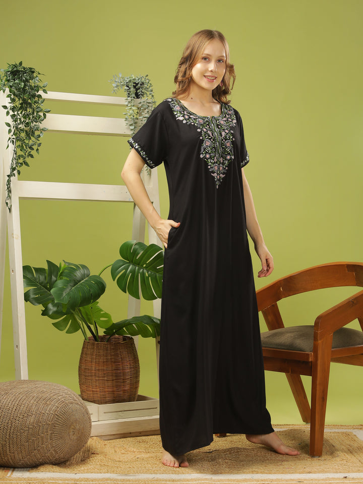 Luxurious Black Alpine Nighty with Fancy Embroidery