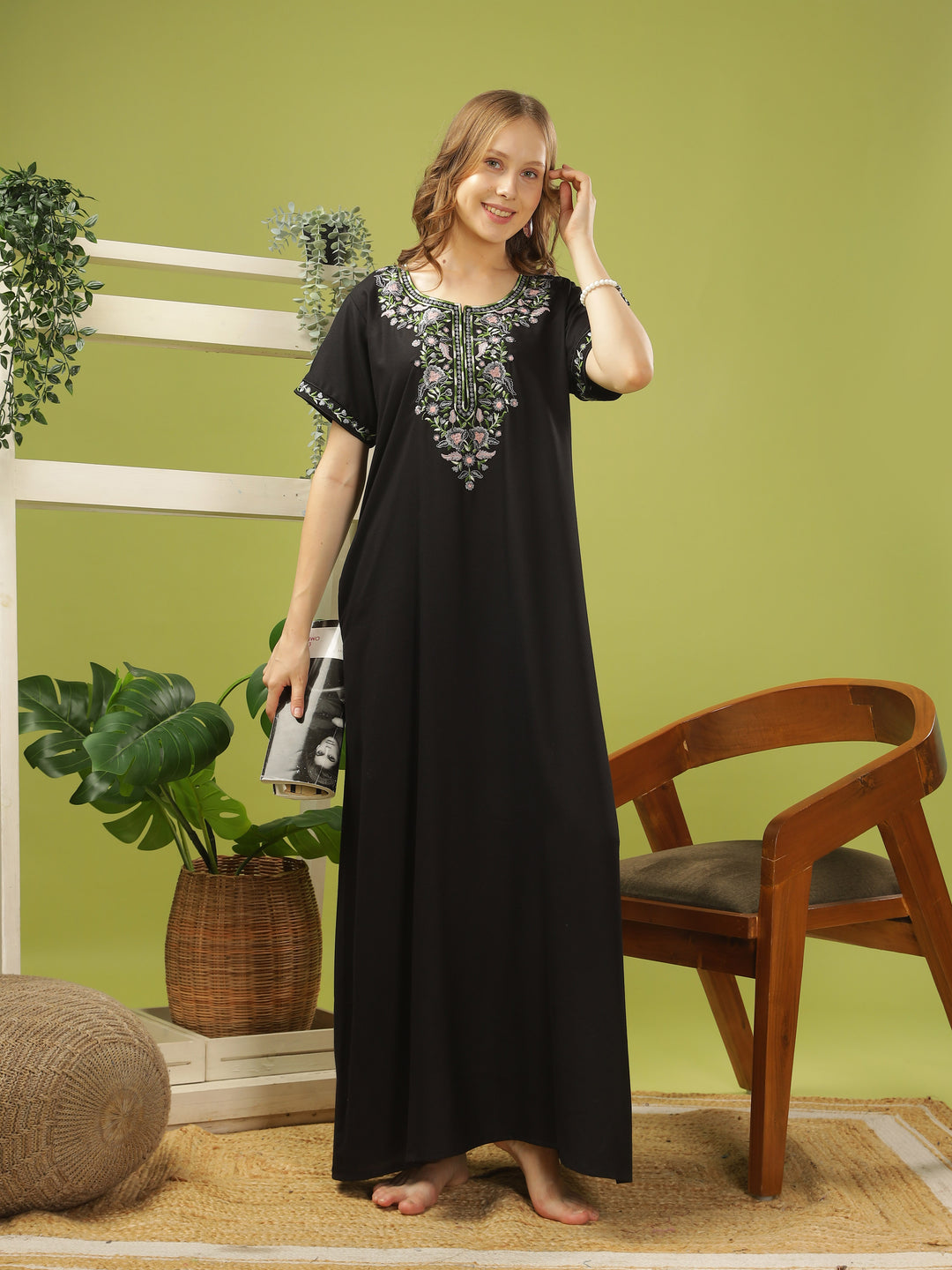 Luxurious Black Alpine Nighty with Fancy Embroidery