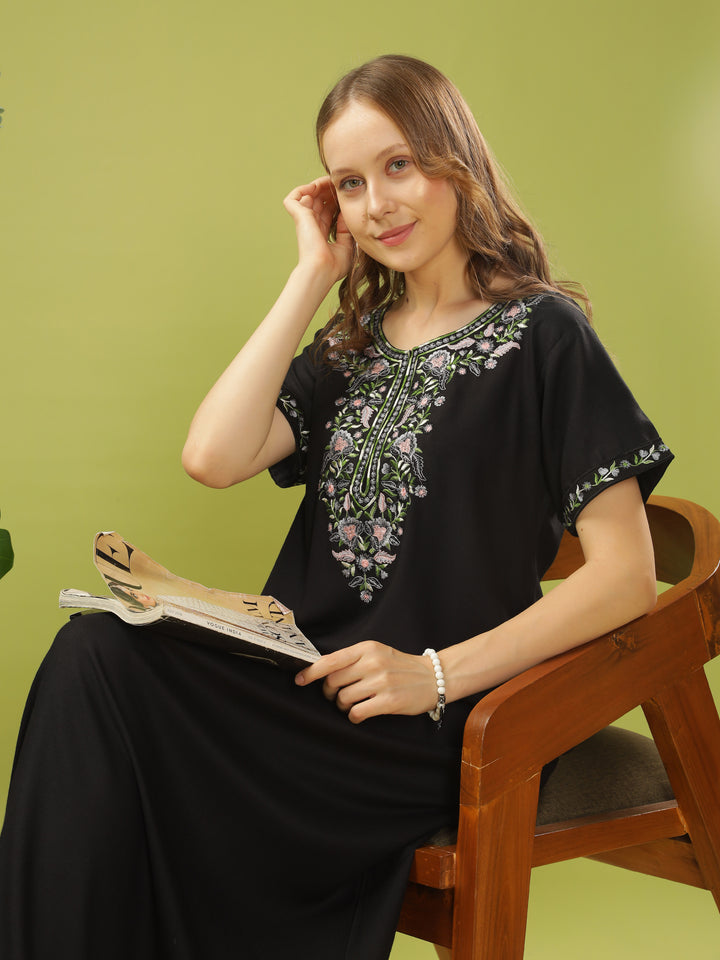 Luxurious Black Alpine Nighty with Fancy Embroidery